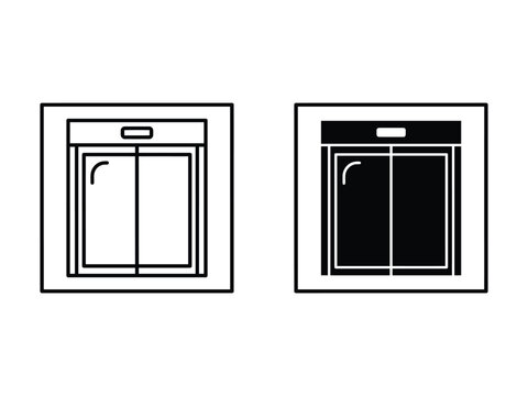 Elevator doors in outline and solid silhouette form during a conceptual transition vector graphics isolated on white background