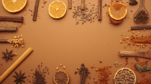 Aromatic Spices and Citrus Slices Arranged in a Circular Frame on Brown Background.