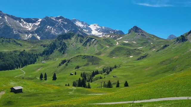 Panoramic view at B&uuml;hlberg Geils near Adelboden, Switzerland, featuring snow-capped Alpine peaks, lush green mountain meadows, and pristine summer hiking trails beneath a clear blue sky