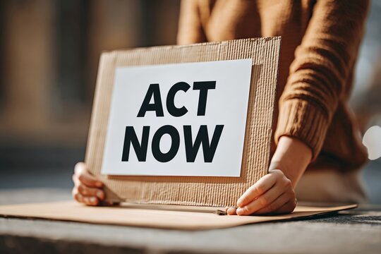 eco protest. Person holding a cardboard sign with bold text ACT NOW in a public space, wearing a brown sweater, with blurred background elements visible