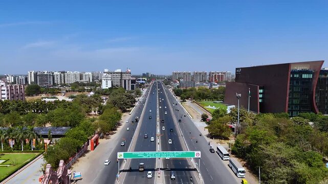 Aerial Drone View of Vaishnodevi Circle and SG Highway in Ahmedabad, Gujarat, India_02