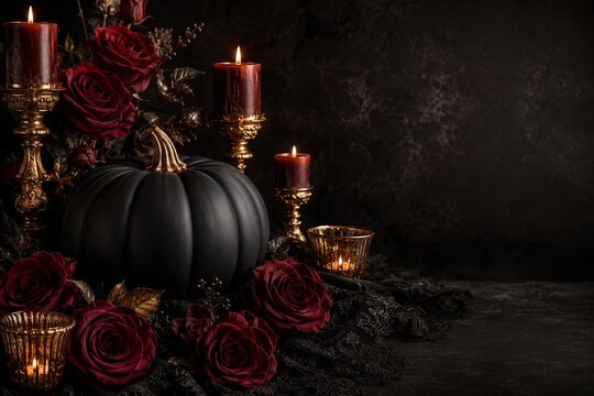 Dark Gothic Black Pumpkin Red Roses and Candles Mood Background
