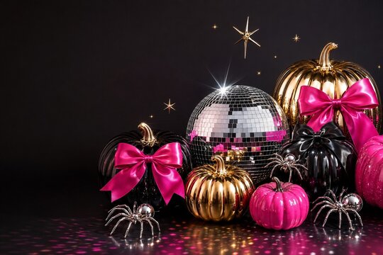 Glam Disco Ball and Metallic Gold Pink Pumpkins Halloween Party Background