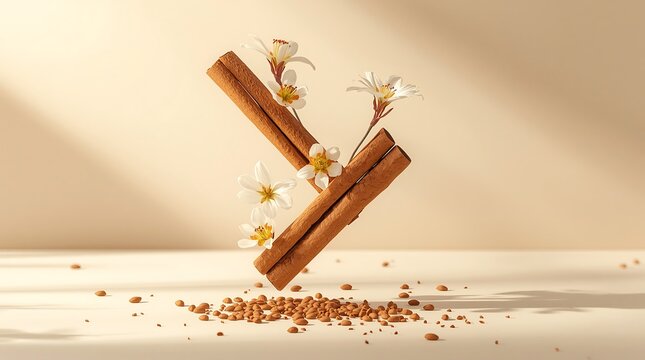 Cinnamon sticks with delicate white flowers and scattered spice on a neutral background.