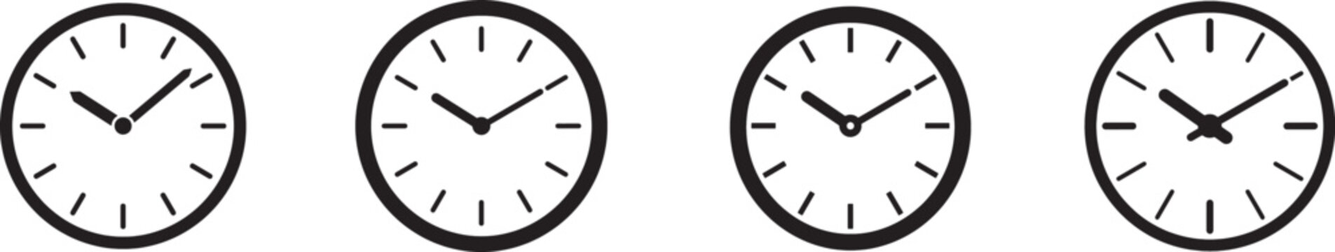 Set of four minimalist black wall clock icons showing different times