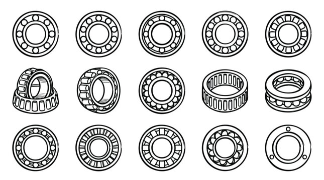 Industrial Ball and Roller Bearing Vector Line Art Set