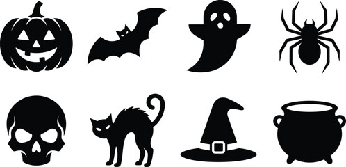 Fototapeta premium Set of black halloween icons with pumpkin bat ghost spider skull cat hat