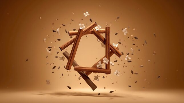 Abstract geometric shape made of cinnamon sticks with sugar cubes and spices.