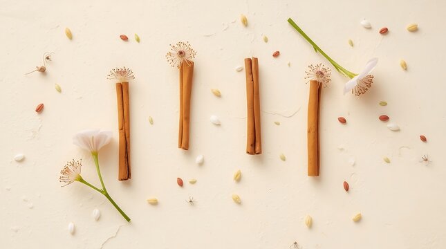 Four Cinnamon Sticks with Delicate White Flowers and Seeds on a Light Background.