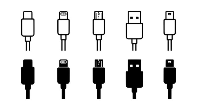 Set of various digital cable connector icons in outline and solid black style