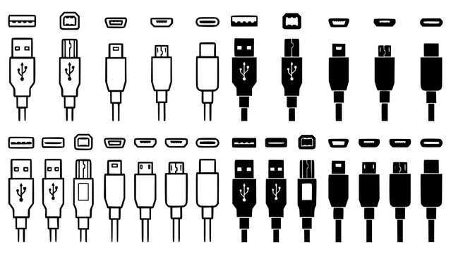 Collection of various usb cable connector types and port icons in black and white