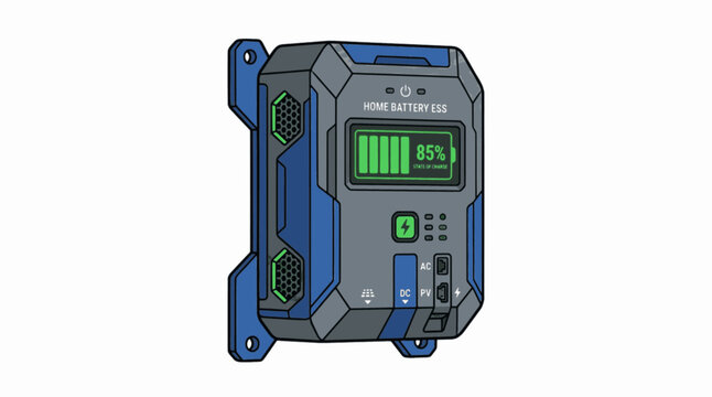 Isolated Wall-Mounted Home Solar Battery Energy Storage Unit Vector Icon, "Created with AI assistance and manually refined."