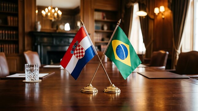 Croatia and Brazil small desk flags on a wooden conference table in a classic luxury meeting room