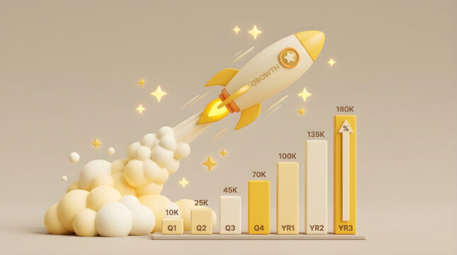 3d render of a rocket launching with a bar chart showing business growth and financial success
