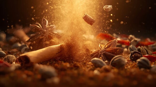 Explosion of Spices Cinnamon Star Anise Chili Pepper Powder.