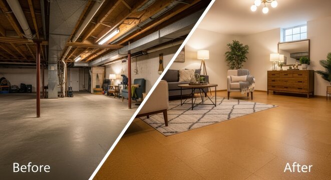 Comparison splitscreen footage showing before and after effects of installing cork floating floor in a basement highlighting aesthetic upgrade and comfort.