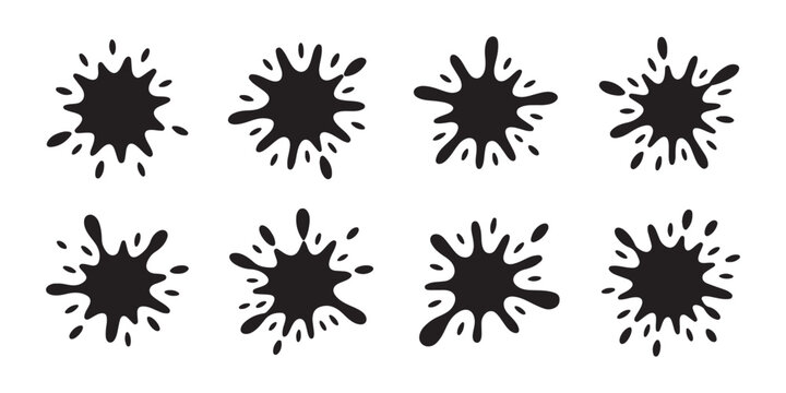 Black ink splats and liquid paint blobs collection on transparent background set for graphic designs.