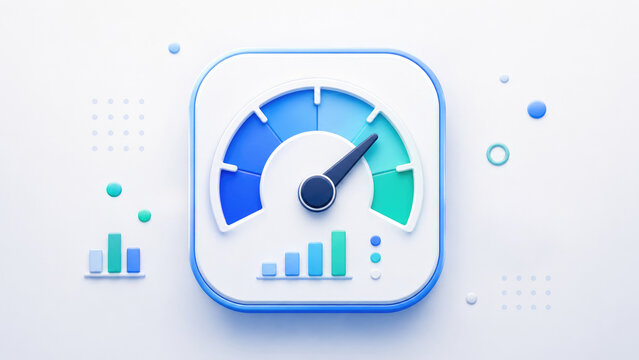 3D app icon of a blue-green speedometer gauge with needle and small bar charts, representing performance analytics and dashboard metrics