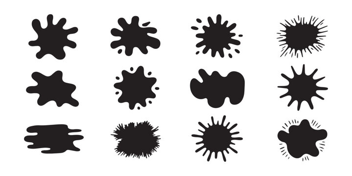 Assorted black paint blobs and ink splash shapes collection for creative art projects and background.