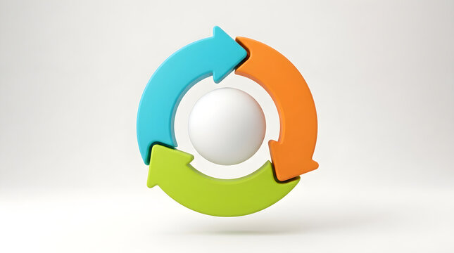Three colorful arrows forming a circular cycle around a white sphere isolated on white background