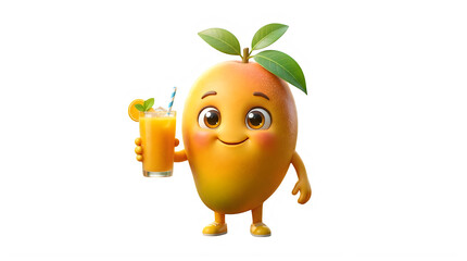 Fototapeta premium Cute cartoon mango character holding a glass of fresh orange juice