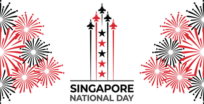 Singapore national day celebration vector banner with fighter jets fireworks and starburst pattern design.eps