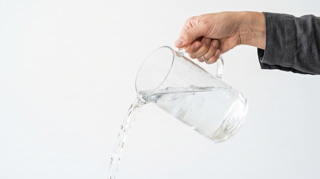 Clean fresh water pouring from a glass pitcher held by a person's hand against a white background with hydration