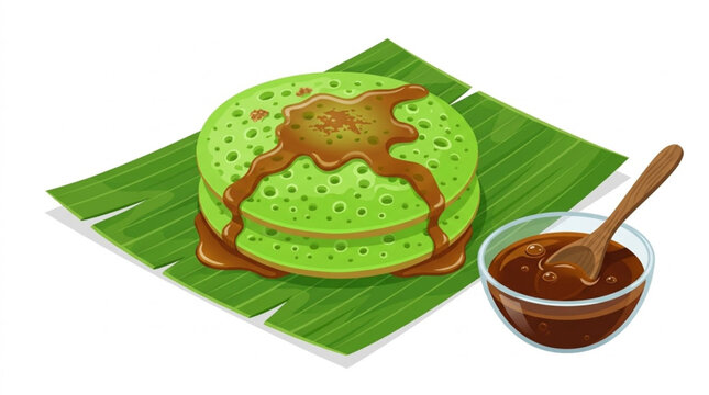 Indonesian traditional pandan pancake serabi with palm sugar syrup kinca on banana leaf vector illustration isolated on white background
