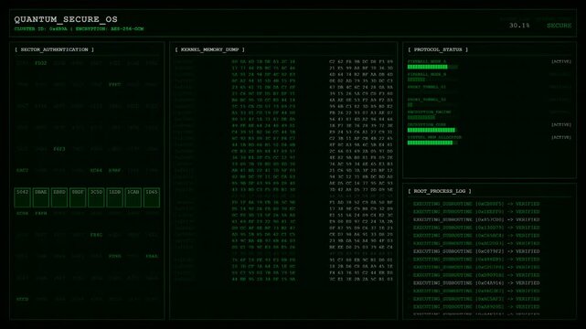 Quantum Secure OS Kernel Memory Dump Hacker Terminal Animation Root Process Loop Background.