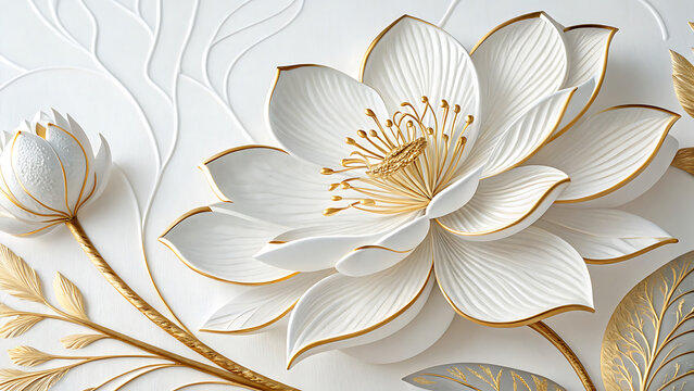 White lotus flower bas-relief wall art with gold accents