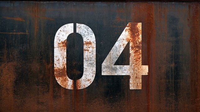 Close-up of weathered and rusted metal surface with stenciled number 04 in white paint