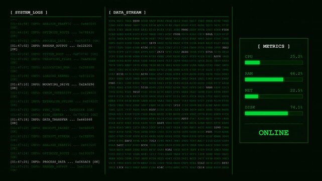 System Logs Data Stream Server Metrics Animation Network Monitoring Loop Background.