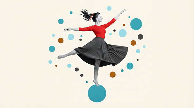 Woman in red and grey skirt dancing on blue orb surrounded by circles ballet dancer movement