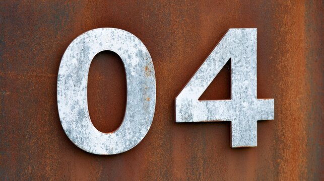 Close-up of weathered metallic numbers '04' set against a rusty textured background