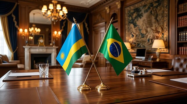Rwanda and Brazil Small Flags on Wooden Desk in a Luxury Formal Office for Diplomatic Meeting