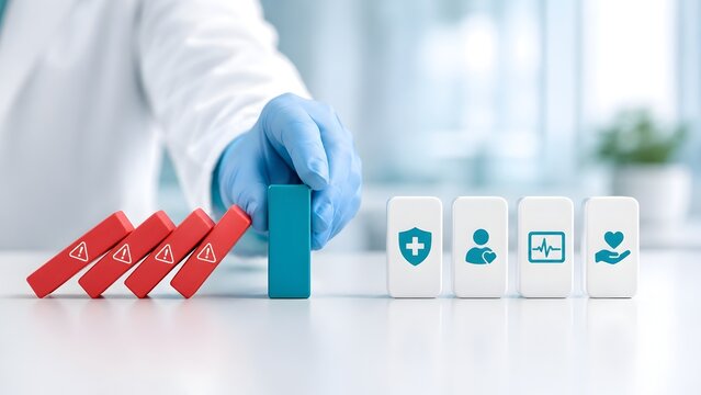 Medical professional intervening with a teal block to stop falling red dominoes, illustrating healthcare risk management and patient protection strategies.