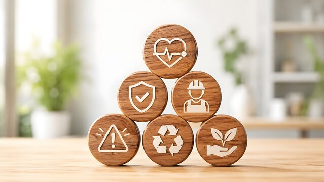 Pyramid of wooden tokens with HSE icons representing health safety and environmental protection in the workplace and industrial risk management.