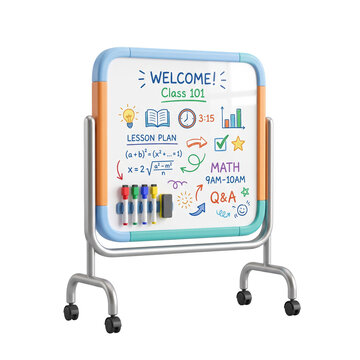 Back To School isolated white background of a mobile whiteboard displaying a school lesson plan and educational drawings.