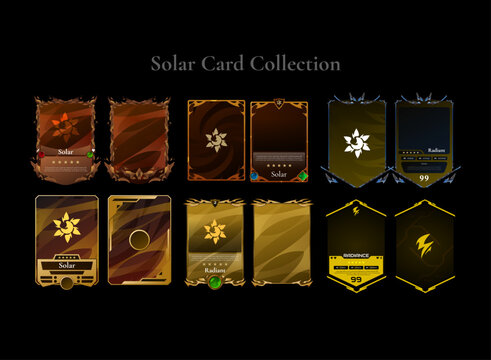 Solar fantasy trading card collection featuring radiant themed front and back templates with modern, medieval, ancient, futuristic, and golden frame styles for RPG, TCG, CCG, collectible