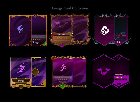 Energy fantasy trading card collection featuring arcane themed front and back templates with modern, medieval, ancient, futuristic, and golden frame styles for RPG, TCG, CCG, collectible