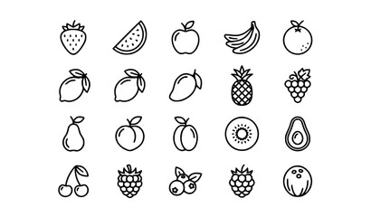 Fresh fruit outline icon set with strawberry watermelon and healthy nutrition vector © MstSonju