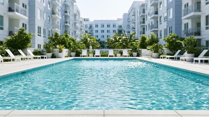 Fototapeta premium Modern Apartment Complex Courtyard With Sparkling Swimming Pool and Lounge Chairs on Sunny Day