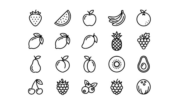 Fresh fruit outline icon set with strawberry watermelon and healthy nutrition vector
