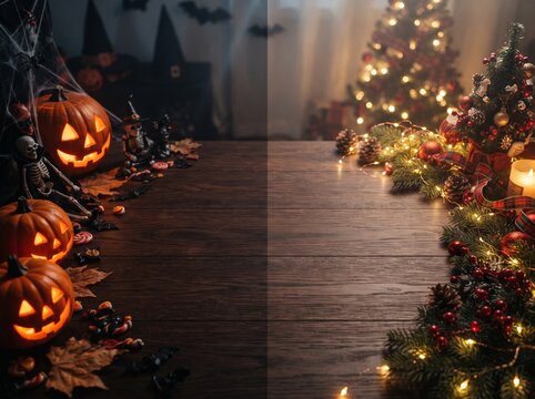 Halloween Versus Christmas Festive Holiday Background Split Comparison