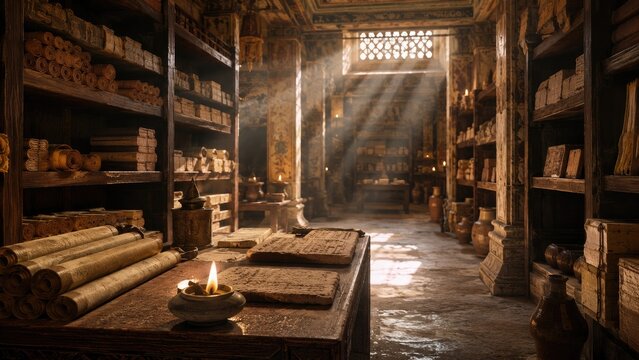 Sunlit ancient scriptorium filled with rolled scrolls, stacked manuscripts, wooden shelves, clay jars and a candlelit worktable, dust motes in warm shafts of light