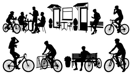 Obraz premium Outdoor Cafe Cycling People Silhouette CAD Entourage Vector Collection Set