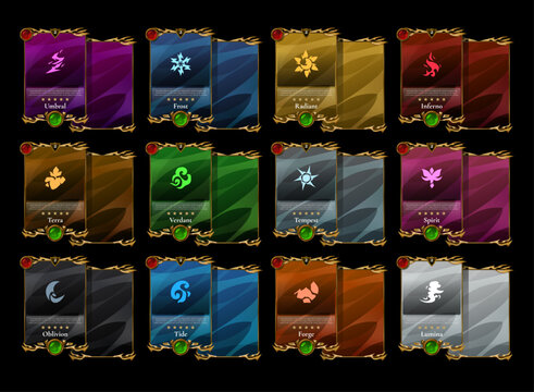 Fantasy golden Celtic medieval trading card collection with front and back templates featuring twelve elemental themes for RPG, TCG, CCG, collectible, deckbuilding, and gacha game UI assets.