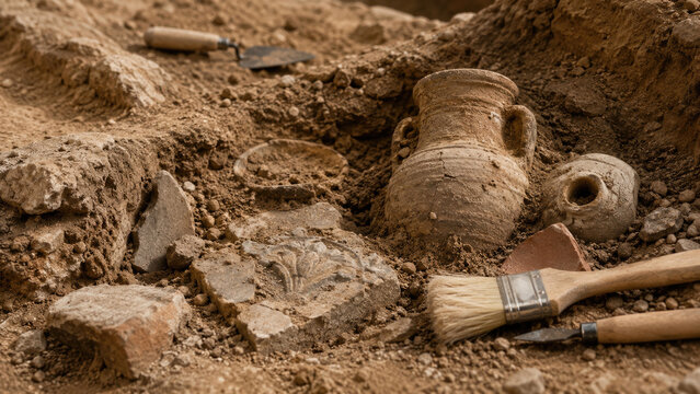 Close-up of an archaeological excavation revealing ancient pottery, amphora fragments, a brush and trowel in dusty soil