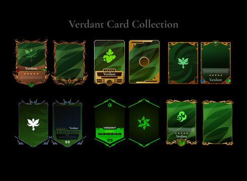 Verdant fantasy trading card collection featuring nature themed front and back templates with modern, medieval, ancient, futuristic, and golden frame styles for RPG, TCG, CCG, collectible
