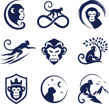 Professional monkey silhouette logo vector icon set with bold minimalist styles and scalable artwork. Ideal for business identity, mobile apps, stickers, merchandise, and digital branding.